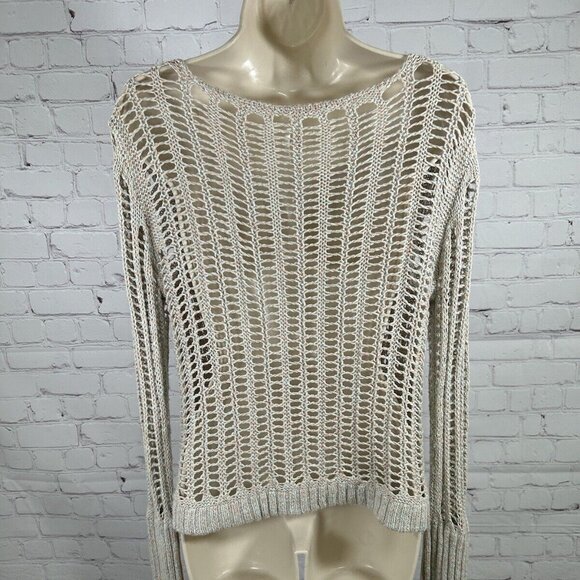 Free People Goccia Beige Multicolor Crop Cotton Linen Blend Open Knit Sweater S - Picture 4 of 8